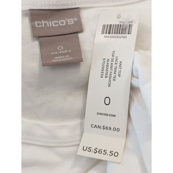 Chico's White Knit Lace Trim Tee Soft Cotton Relaxed Fit Top Womens Small NWT - Picture 9 of 10